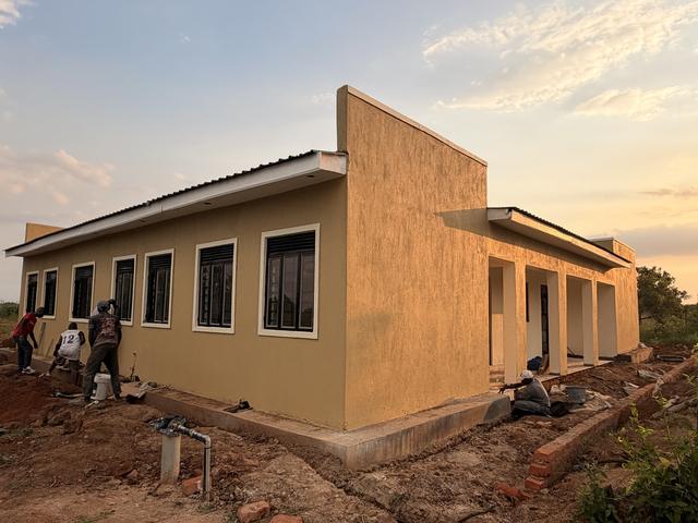 The new building at sunset
